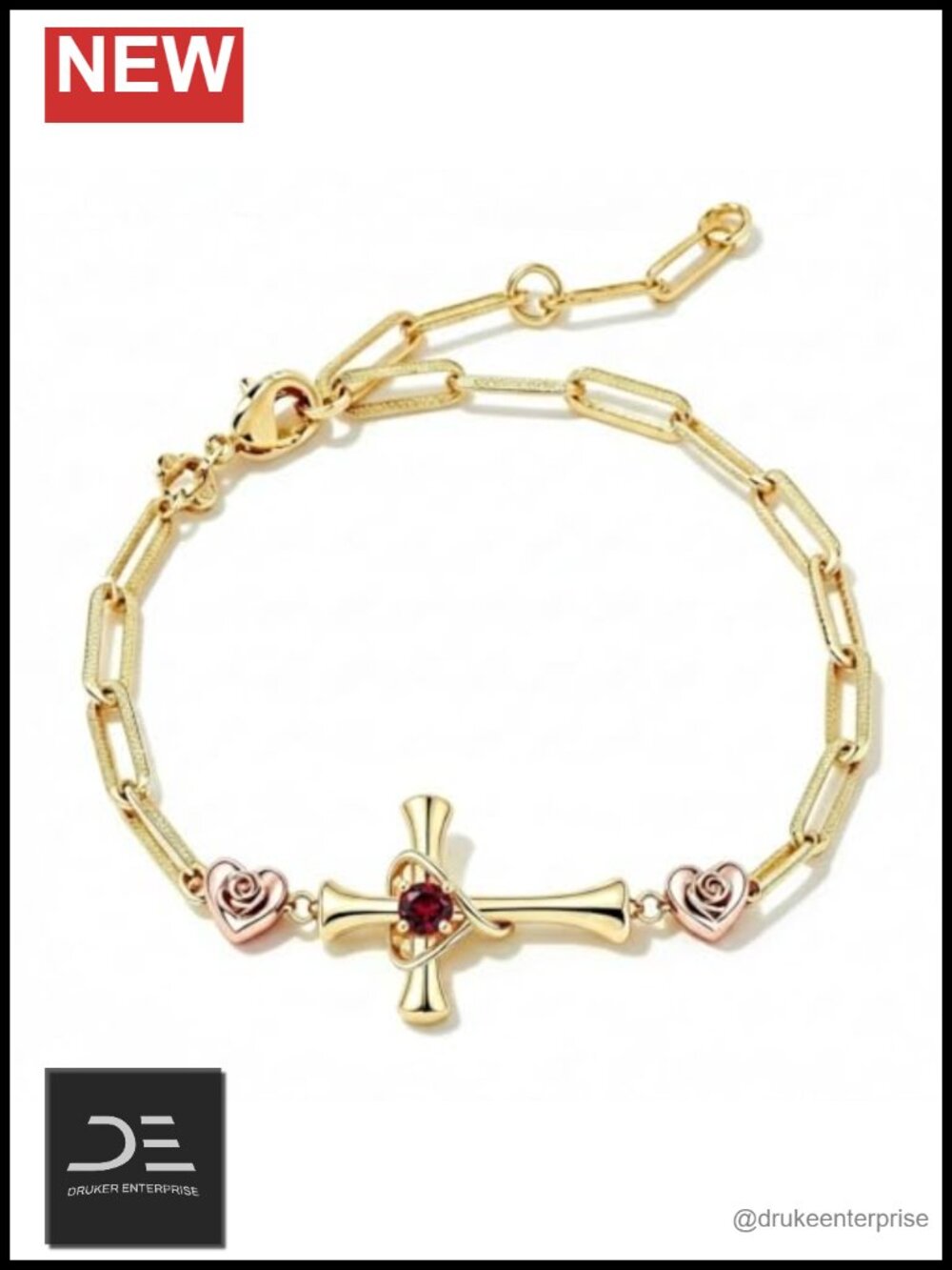 Rose Heart Cross Charm Bracelet Cubic Zirconia Adjustable Lobster Clasp
